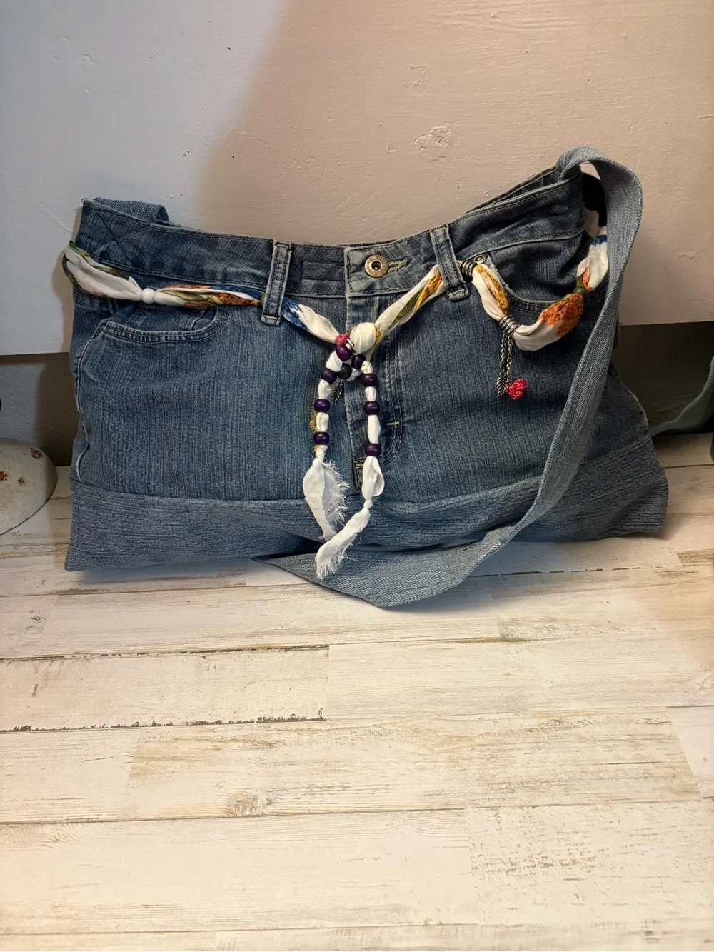 Casual Denim Satchel Crossbody Bag - Blue homemade jewels around the belt